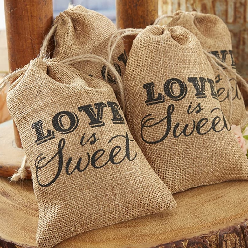 rustic burlap, drawstring favor bags (6)